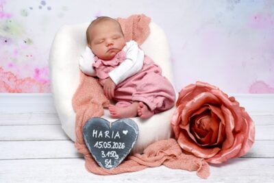 Die kleine Maria sitzt aufrecht auf einem kleinen weissenSessel, neben ihr liegt eine grosse Rose.